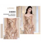 少女禮服裙吊帶金色亮片長裙