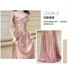 少女禮服裙吊帶金色亮片長裙