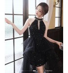 晚裝禮服裙珍珠掛脖荷葉邊網紗裙襬