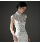 女裝禮服裙立領亮片蕾絲手工釘珠裙