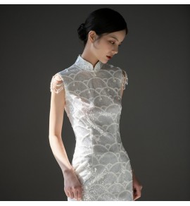 女裝禮服裙立領亮片蕾絲手工釘珠裙