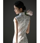 女裝禮服裙立領亮片蕾絲手工釘珠裙