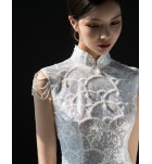 女裝禮服裙立領亮片蕾絲手工釘珠裙