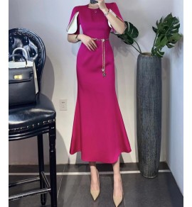 女裝連身裙圓領短袖中長裙