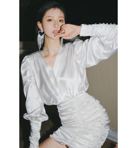 少女連身裙V領泡泡袖禮服裙