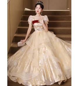 女裝禮服裙方領泡泡袖長裙
