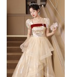 女裝禮服裙方領泡泡袖長裙