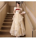 女裝禮服裙方領泡泡袖長裙