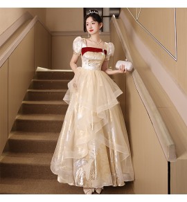 女裝禮服裙方領泡泡袖長裙