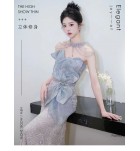 晚裝禮服裙抹胸掛脖流蘇長裙