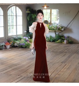 少女禮服裙珍珠掛脖泡泡袖長裙