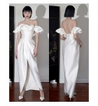 晚裝禮服裙一字肩露背開叉長裙