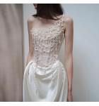 晚裝禮服裙單肩抹胸珍珠緞面長裙 