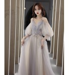 少女禮服裙吊帶V領泡泡袖宴會長裙