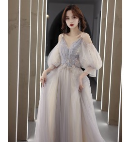 少女禮服裙吊帶V領泡泡袖宴會長裙