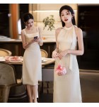 少女禮服裙香檳色冰絲綢中長裙