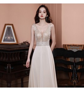 女裝禮服裙深V領無袖露背長裙