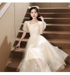 少女禮服裙方領泡泡袖中長裙