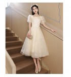 少女禮服裙方領泡泡袖中長裙