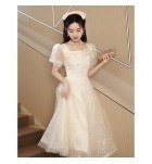 少女禮服裙方領泡泡袖中長裙