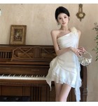 少女連身裙斜肩雪紡荷葉邊裙