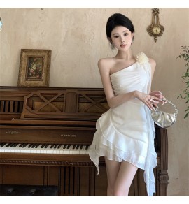 少女連身裙斜肩雪紡荷葉邊裙