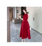 少女連身裙掛脖露肩開叉中長裙