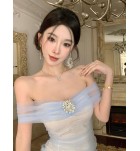 少女連身裙一字肩露背網紗長裙