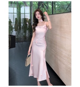 少女連身裙緞面吊帶立體花朵禮服裙