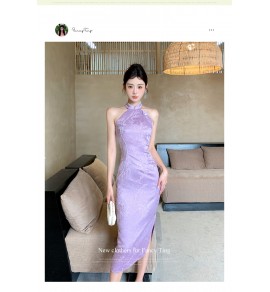 女裝連身裙掛脖露肩中長裙