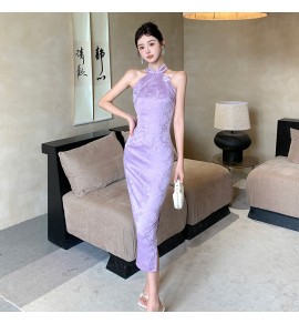 女裝連身裙掛脖露肩中長裙