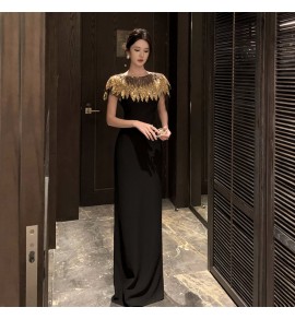 女裝吊帶長裙珠片披肩聚會禮服裙