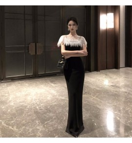 女裝吊帶長裙珠片披肩聚會禮服裙