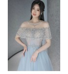 晚裝禮服裙透視一字肩水鑽網紗長裙