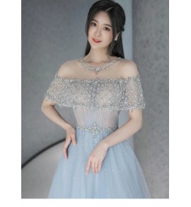 晚裝禮服裙透視一字肩水鑽網紗長裙