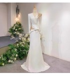 少女禮服裙V領長袖宴會長裙
