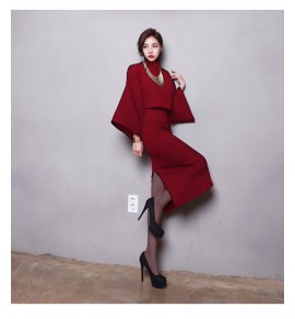 女裝套裝裙蝙蝠袖上衣開叉半身裙兩件套