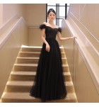晚裝禮服裙黑色一字肩長裙