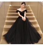 晚裝禮服裙黑色一字肩長裙