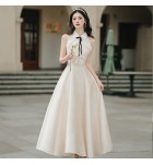 少女禮服裙蕾絲花邊露肩中長裙