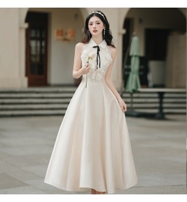 少女禮服裙蕾絲花邊露肩中長裙