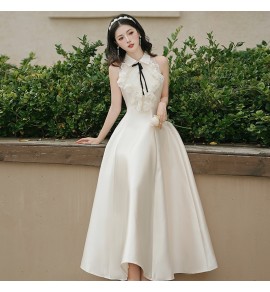 少女禮服裙蕾絲花邊露肩中長裙