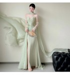少女禮服裙抹胸褶皺飄帶長裙