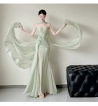 少女禮服裙抹胸褶皺飄帶長裙