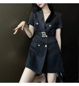 女裝禮服裙西裝領雙排扣短袖中裙