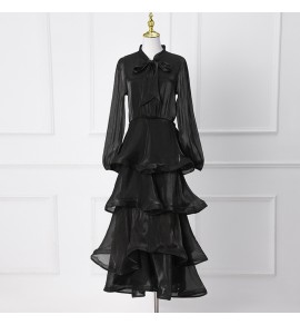 少女禮服裙圍巾領荷葉邊蛋糕裙