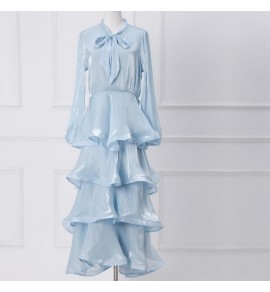 少女禮服裙圍巾領荷葉邊蛋糕裙