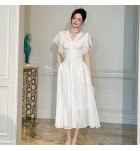 少女禮服裙V領荷葉袖長裙