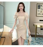 少女禮服裙方領泡泡袖不規則裙