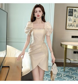 少女禮服裙方領泡泡袖不規則裙